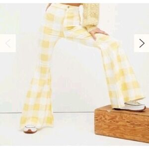Free People We The Free Yellow White Gingham Flare Bell Bottom Jeans Size 28‎